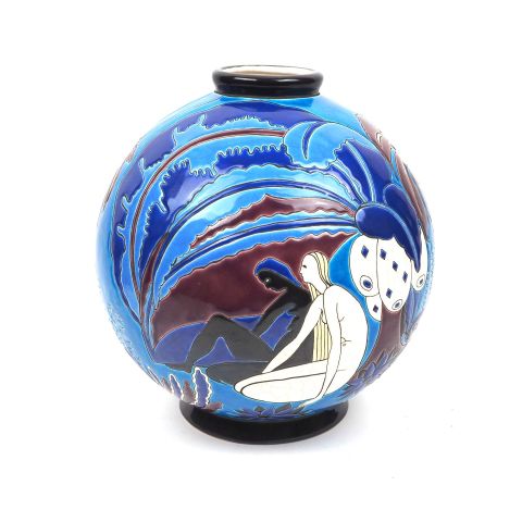 Boule coloniale en émaux polychromes, design Art Deco, modèle Les Baigneuses