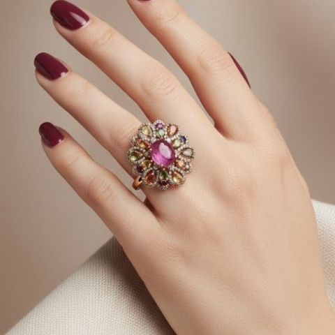 Bague en argent rose 925, rubis, saphirs multicolores et topazes blanches, taille 56