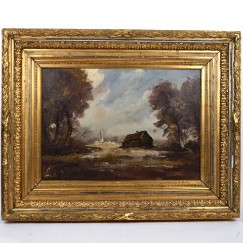 Œuvre d'Emile Lammers : Vue d'une chaumière en huile, cadre XIXème doré