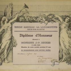 Diplôme d'honneur 1939 décerné par l'Union Amicale "La Locomotive" d'Esch/Alzette