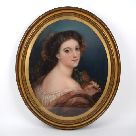 Portrait ovale d'une élégante, pastel XIXe siècle sur papier, 55 x 45 cm