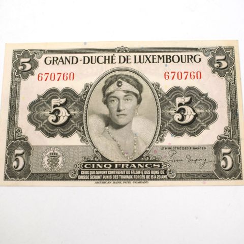 Billet de 5 Francs, Grande-Duchesse Charlotte, Luxembourg 1944, sans littera GDL