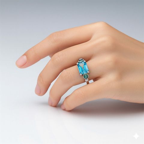 Bague en or blanc 375, aigue marine, émeraude et tourmalines roses, taille 55