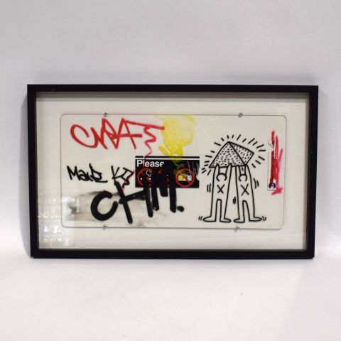 Plaque plexiglas K. Haring inspirée du métro de New York, 25 x 49 cm