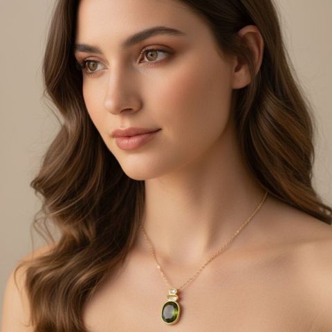 Pendentif en or jaune avec saphire vert et diamants jaunes certifié