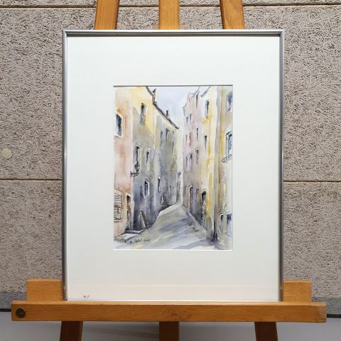 Aquarelle signée de Marie-Louise Wallers-Rykal datée 2004. Rue de la Loge, Luxembourg