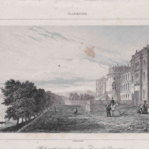 Vue du château de Biberich, résidence des Ducs de Nassau, lithographie d'époque