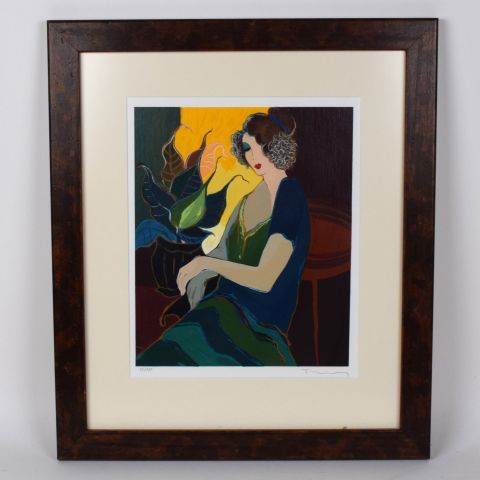 Sérigraphie d'Isaac Tarkay : Jeune femme à la robe verte, édition limitée 55/350