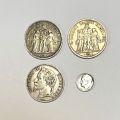 Reunion of silver coins: 5 Francs Hercules and Napoleon III, Roosevelt Dime