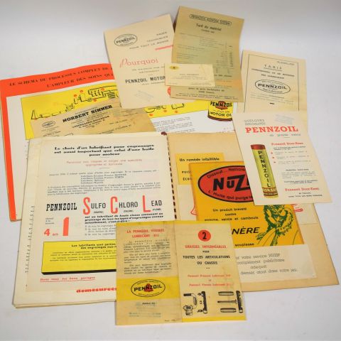 Documents publicitaires pour les huiles Pennzoil: liste de prix, prospectus et carte de visite