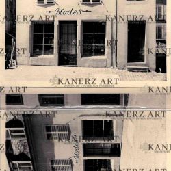 Cartes postales publicitaires pour un magasin de mode dans la Rue des Prés, 1930