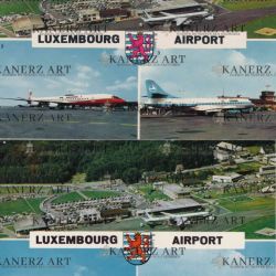 Aerial postcard showing Luxair aircraft in Luxembourg in the 1970s