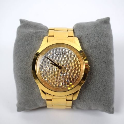 Montre femme GUESS plaqué or et strass, excellent état, boîte et facture incluses