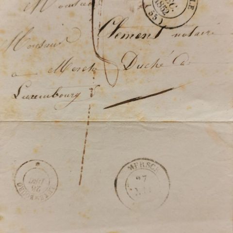 Enveloppe découpée avec cachets postaux de Thionville, Luxembourg et Mersch (1852)