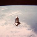 Historic photograph of the Challenger shuttle taken by the SPAS-01 satellite, 1983