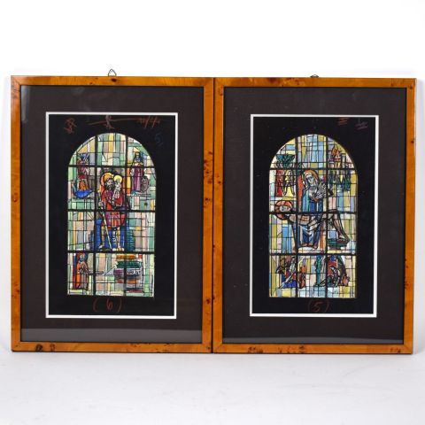 Aquarelles signées de Mett Hoffmann pour vitrail de l'Église de Wolwerange