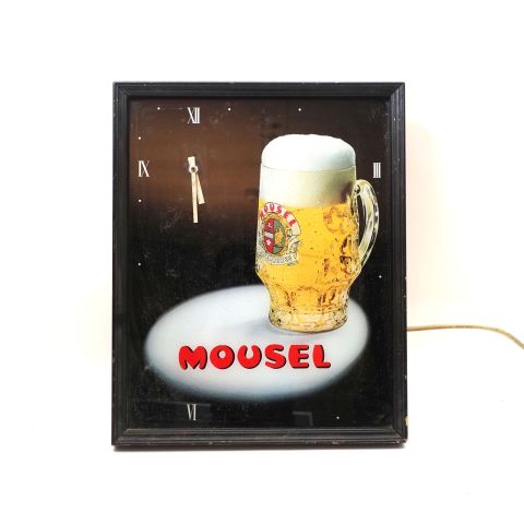 Pendule murale électrifiée Mousel des années 90, néon et bois