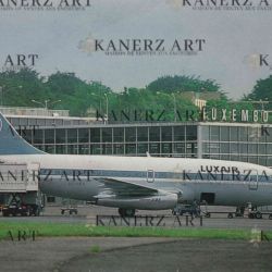 Vintage postcard: LUXAIR Boeing 737/200 in front of the terminal (1980s)