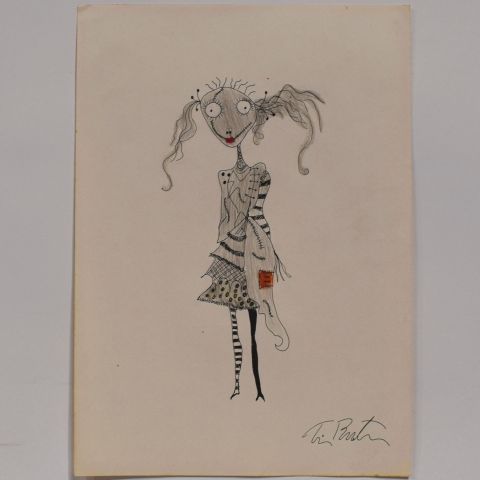 Dessin original signé "Untitled (Girl)" de T. Burton, 30,5 x 43 cm