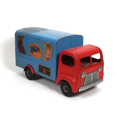 Camion jouet vintage rouge et bleu des années 1950-1960, porte fonctionnelle