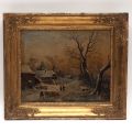 Winter Scene in a Village: 19th-Century Dutch School, Oil Painting