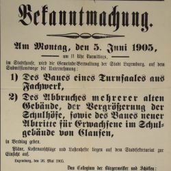 Invitation to tender for the construction of a gymnasium at the Clausen school, 1905