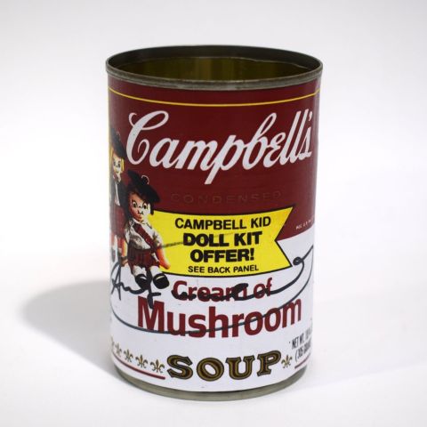 Boîte Campbell's signée Warhol : œuvre unique sans certificat, format 10x6,7 cm