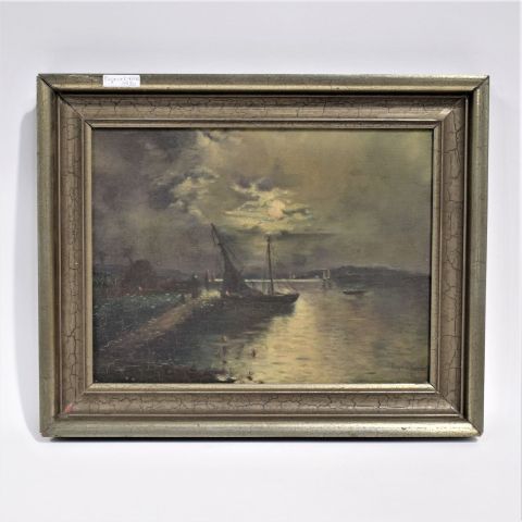 "Barque à l'embarcadère" - Œuvre d'Eugénie Kieffer, datée de 1930, encadrée par Lentz Luxembourg