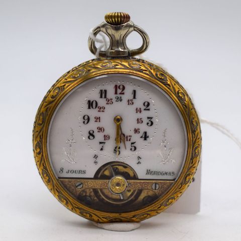 Montre gousset HEBDOMAS en métal argenté doré, mécanisme fonctionnel, scène indiens
