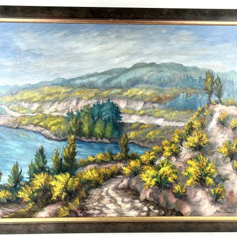 François Schmit : Le lac de la Haute-Sûre au printemps, huile sur toile