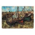 Sailboats in the Harbor, oil on canvas signed by Roger Coulon, 35 x 25 cm