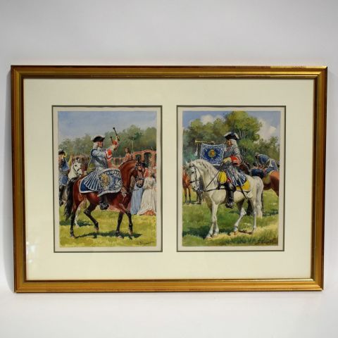 Deux aquarelles signées du Régiment du Roi Louis XV par Lucien Rousselot