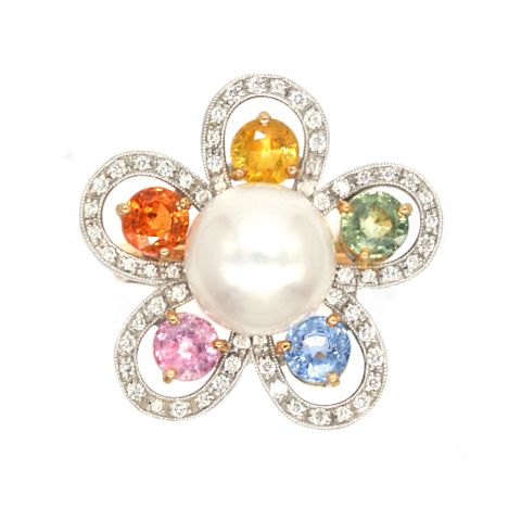 Bague en or 18K, perle, saphirs multicolores et brillants, facture de 2012