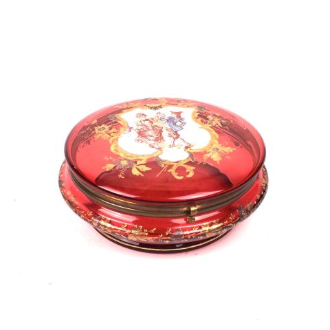 Bonbonnière en verre coloré avec couvercle émaillé et décor floral doré