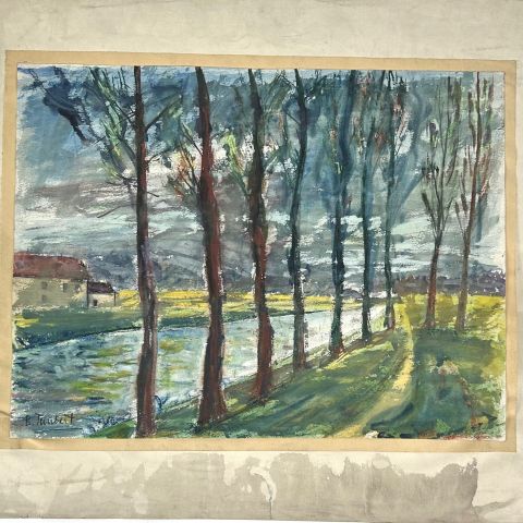 Aquarelle de Bertoldo Taubert : Canal en Alsace, signée, 35 x 45 cm