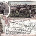 Old postcard from Luxembourg: viaduct, church portal and Virgin Mary
