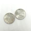 Two 500-franc coins commemorating the 150th anniversary of Belgian independence