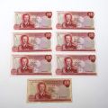 Set von 7 Banknoten zu 100 Francs von Großherzog Jean, Luxemburg 1970
