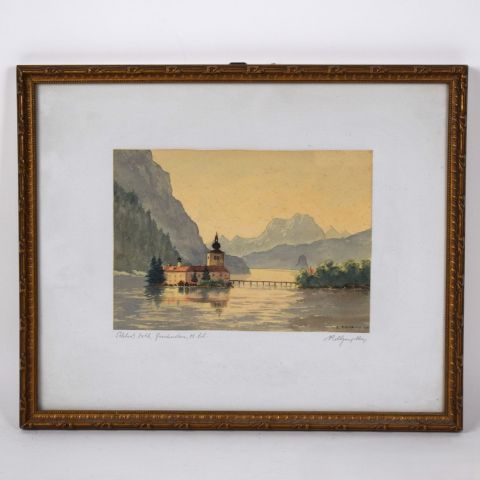 Aquarelle de R. Czapka : Schloß Orth, cadre doré années 30, 17x24 cm