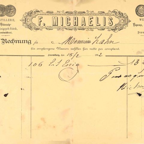 Facture Distillerie F. MICHAELIS Luxembourg 1882 - Rare document historique