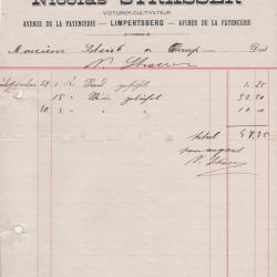 Facture du Voiturier-Cultivateur Nicolas Strasser, Limpertsberg, 1903, 21 x 17 cm