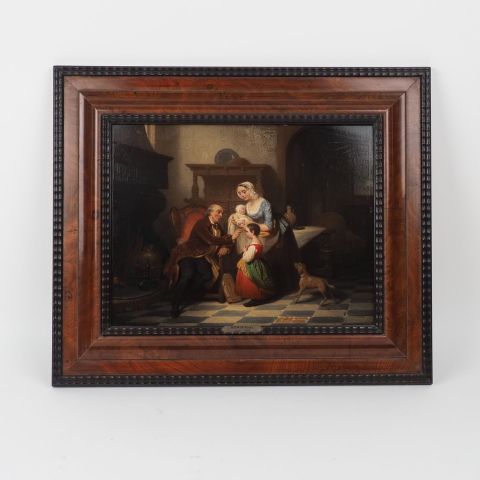 Scène d'intérieur par Alois Hunin, huile sur bois, 28 x 35 cm