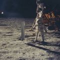 Historic photograph of Buzz Aldrin in front of the Eagle lunar module, 1969
