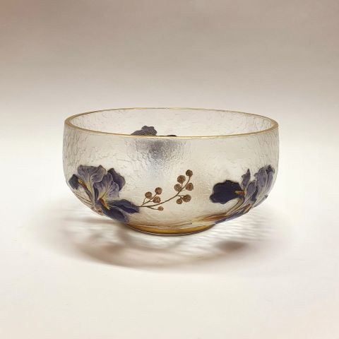 Coupe en verre dépoli décorée d'iris émaillés et étoile gravée