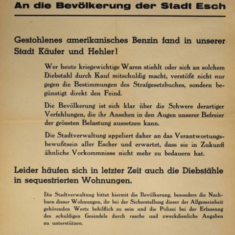 Affiche de la Municipalité d'Esch : Prévention du vol d'essence, 1944