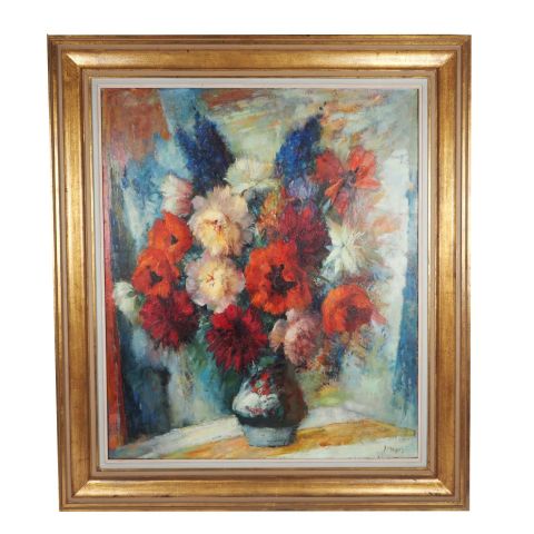 Huile sur toile de Josy Meyers : Bouquet de fleurs, 100 x 85 cm