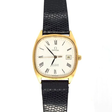 Montre Omega De Ville carrée en plaqué or, quartz avec dateur à 3h
