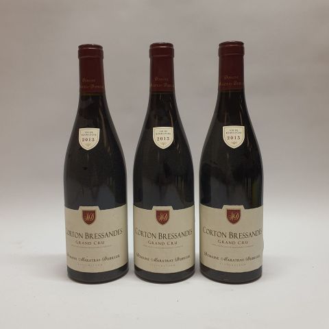Trois bouteilles de Grand Cru Corton Bressandes, Domaine Maratray-Dubreuil, millésime 2013