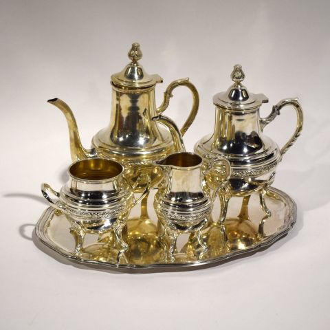 Service à café/thé Art déco en métal argenté sur plateau
