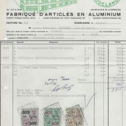 Facture 1957 : Usine J. WEIRICH Dudelange, Timbres fiscaux belges, 30x21 cm